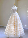 Modest Ball Gown Strapless Tulle Long Prom Dresses High School Outfits Evening Dresses HZ1121