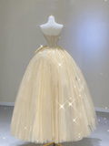 Modest Ball Gown Strapless Yellow Tulle Long Prom Dresses High School Outfits Graduation Dress Evening Dresses HZ1121