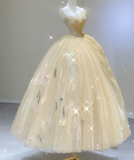 Modest Ball Gown Strapless Yellow Tulle Long Prom Dresses High School Outfits Graduation Dress Evening Dresses HZ1121