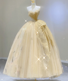 Modest Ball Gown Strapless Yellow Tulle Long Prom Dresses High School Outfits Graduation Dress Evening Dresses HZ1121