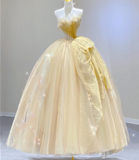Modest Ball Gown Strapless Yellow Tulle Long Prom Dresses High School Outfits Graduation Dress Evening Dresses HZ1121