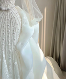 Luxury Mermaid Square Neckline Long White Wedding Dresses Brides Dress HZ1121