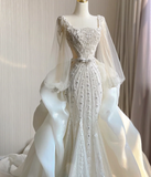 Luxury Mermaid Square Neckline Long White Wedding Dresses Brides Dress HZ1121