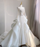 Luxury Mermaid Square Neckline Long White Wedding Dresses Brides Dress HZ1121