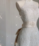 Unique A line High Neckline Lace Long White Wedding Dresses Summer Brides Dress HZ1121