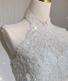 Unique A line High Neckline Lace Long White Wedding Dresses Summer Brides Dress HZ1121