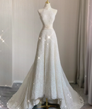 Unique A line High Neckline Lace Long White Wedding Dresses Summer Brides Dress HZ1121