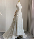 Unique A line High Neckline Lace Long White Wedding Dresses Summer Brides Dress HZ1121
