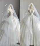 Unique Ball Gown High Neckline Lace Long White Wedding Dresses Summer Brides Dress HZ1121