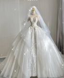 Unique Ball Gown High Neckline Lace Long White Wedding Dresses Summer Brides Dress HZ1121