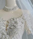 Unique Ball Gown High Neckline Lace Long White Wedding Dresses Summer Brides Dress HZ1121