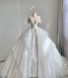 Unique Ball Gown High Neckline Lace Long White Wedding Dresses Summer Brides Dress HZ1121