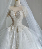 Unique Ball Gown High Neckline Lace Long White Wedding Dresses Summer Brides Dress HZ1121