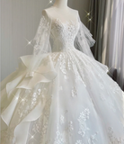 Unique Ball Gown Scoop Neckline Lace Long Sleeves White Wedding Dresses Brides Dress HZ1121