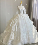 Unique Ball Gown Scoop Neckline Lace Long Sleeves White Wedding Dresses Brides Dress HZ1121