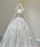 Unique Ball Gown Square Neckline Lace Long White Wedding Dresses Brides Dress HZ1121