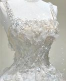 Unique Ball Gown Square Neckline Lace Long White Wedding Dresses Brides Dress HZ1121