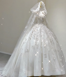 Unique Ball Gown Square Neckline Lace Long White Wedding Dresses Brides Dress HZ1121