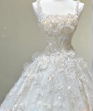 Unique Ball Gown Square Neckline Lace Long White Wedding Dresses Brides Dress HZ1121