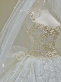 Dreamy Ball Gown Square Neckline Lace Long White Wedding Dresses Brides Dress HZ1121