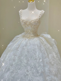 Dreamy Ball Gown Square Neckline Lace Long White Wedding Dresses Brides Dress HZ1121
