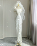 Simple Sheath Off The Shoulder Satin White Wedding Dresses Summer Brides Dress HZ1121