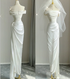 Simple Sheath Off The Shoulder Satin White Wedding Dresses Summer Brides Dress HZ1121