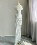 Simple Sheath Off The Shoulder Satin White Wedding Dresses Summer Brides Dress HZ1121