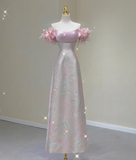Classy A Line Off The Shoulder Satin Pink High School Evening Dress Long Prom Dresses HZ1121