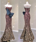 Pretty Mermaid Strapless Long Sequin Prom Dresses Graduation Dress High School Classy Evening Dresses HZ1121
