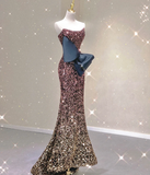 Pretty Mermaid Strapless Long Sequin Prom Dresses Graduation Dress High School Classy Evening Dresses HZ1121