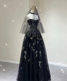 Pretty Ball Gown Strapless Black Tulle High School Graduation Dress Long Prom Dresses Evening Dresses HZ1121