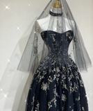 Pretty Ball Gown Strapless Black Tulle High School Graduation Dress Long Prom Dresses Evening Dresses HZ1121