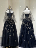 Pretty Ball Gown Strapless Black Tulle High School Graduation Dress Long Prom Dresses Evening Dresses HZ1121