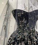 Pretty Ball Gown Strapless Black Tulle High School Graduation Dress Long Prom Dresses Evening Dresses HZ1121