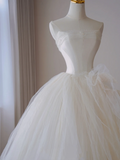 Timeless Ball Gown Strapless Long Tulle White Sweep Train Wedding Dresses Brides Dress HZ1121