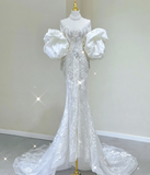 Luxury Mermaid High Neckline Long Sleeves Lace White Wedding Dresses Brides Dress HZ1121
