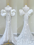 Luxury Mermaid High Neckline Long Sleeves Lace White Wedding Dresses Brides Dress HZ1121