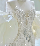 Luxury Mermaid High Neckline Long Sleeves Lace White Wedding Dresses Brides Dress HZ1121