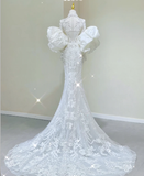 Luxury Mermaid High Neckline Long Sleeves Lace White Wedding Dresses Brides Dress HZ1121