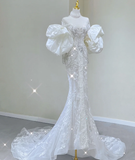 Luxury Mermaid High Neckline Long Sleeves Lace White Wedding Dresses Brides Dress HZ1121