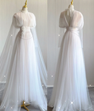 Unique A Line High Neckline Tulle Long Wedding Dresses White Brides Dress HZ1121