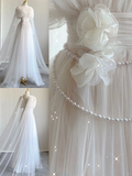 Unique A Line High Neckline Tulle Long Wedding Dresses White Brides Dress HZ1121