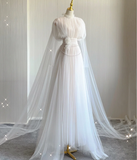 Unique A Line High Neckline Tulle Long Wedding Dresses White Brides Dress HZ1121