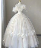 Timeless Ball Gown Off The Shoulder Short Sleeves Tulle Flowers Wedding Dresses Brides Dress HZ1121