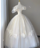 Timeless Ball Gown Off The Shoulder Short Sleeves Tulle Flowers Wedding Dresses Brides Dress HZ1121