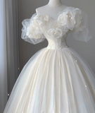 Timeless Ball Gown Off The Shoulder Short Sleeves Tulle Flowers Wedding Dresses Brides Dress HZ1121