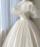 Timeless Ball Gown Off The Shoulder Short Sleeves Tulle Flowers Wedding Dresses Brides Dress HZ1121