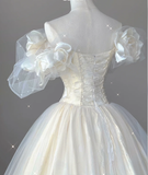 Timeless Ball Gown Off The Shoulder Short Sleeves Tulle Flowers Wedding Dresses Brides Dress HZ1121