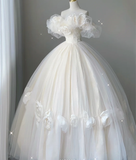 Timeless Ball Gown Off The Shoulder Short Sleeves Tulle Flowers Wedding Dresses Brides Dress HZ1121